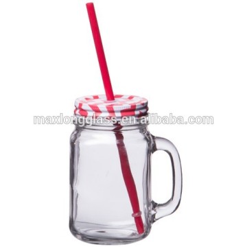 Clear Handle Jar glass-500ml with Red lid and straw