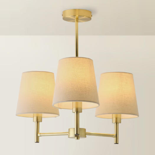 3 Arm Brushed Gold Chandelier Ceiling Light with White Shades (2)
