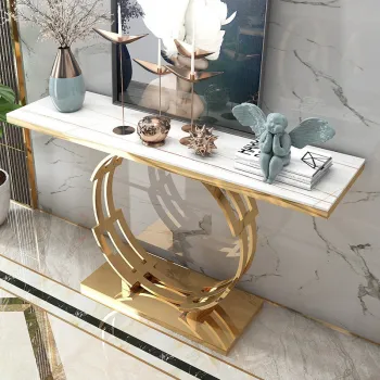 Luxury Modern Gold Metal Console Table with White Marble Top for Living Room