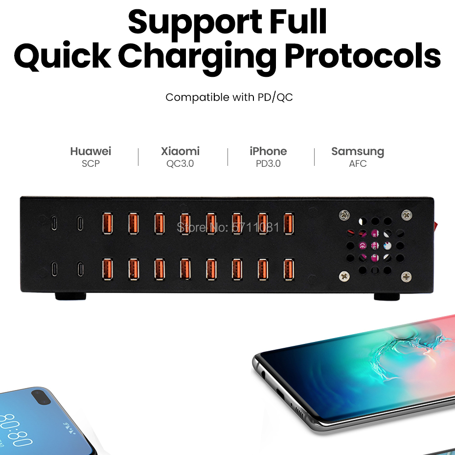 20 PORT 4C+16A PD/QC CHARGER support full quick charging protocols 20 PORT 4C+16A PD/QC CHARGER support full quick charging protocols