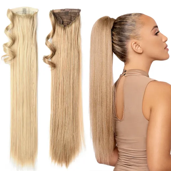 High Quality 24 inch Blonde Brown Long Straight Drawstring Ponytail Hairpiece With Hairpins Hair Extensions Synthetic Ponytail
