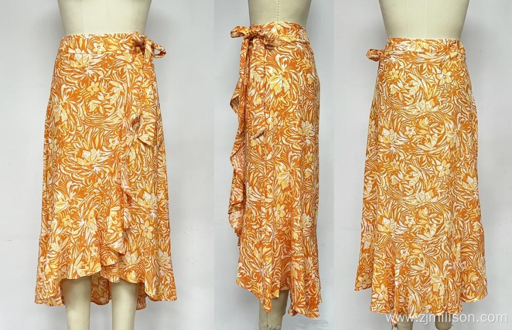 Viscose Flower Printed Long Wrap Skirt