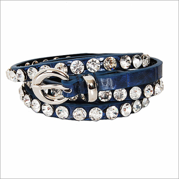 Wholesale Women's One Line Rhinestone Navy Leather Stud Accent Belt