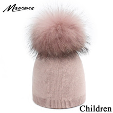 Kids Pompom Hats Autumn Winter Crochet Beanie Warm Soft Wool Skullies Children Hats Dyeing Raccoon Fur Pom Pom