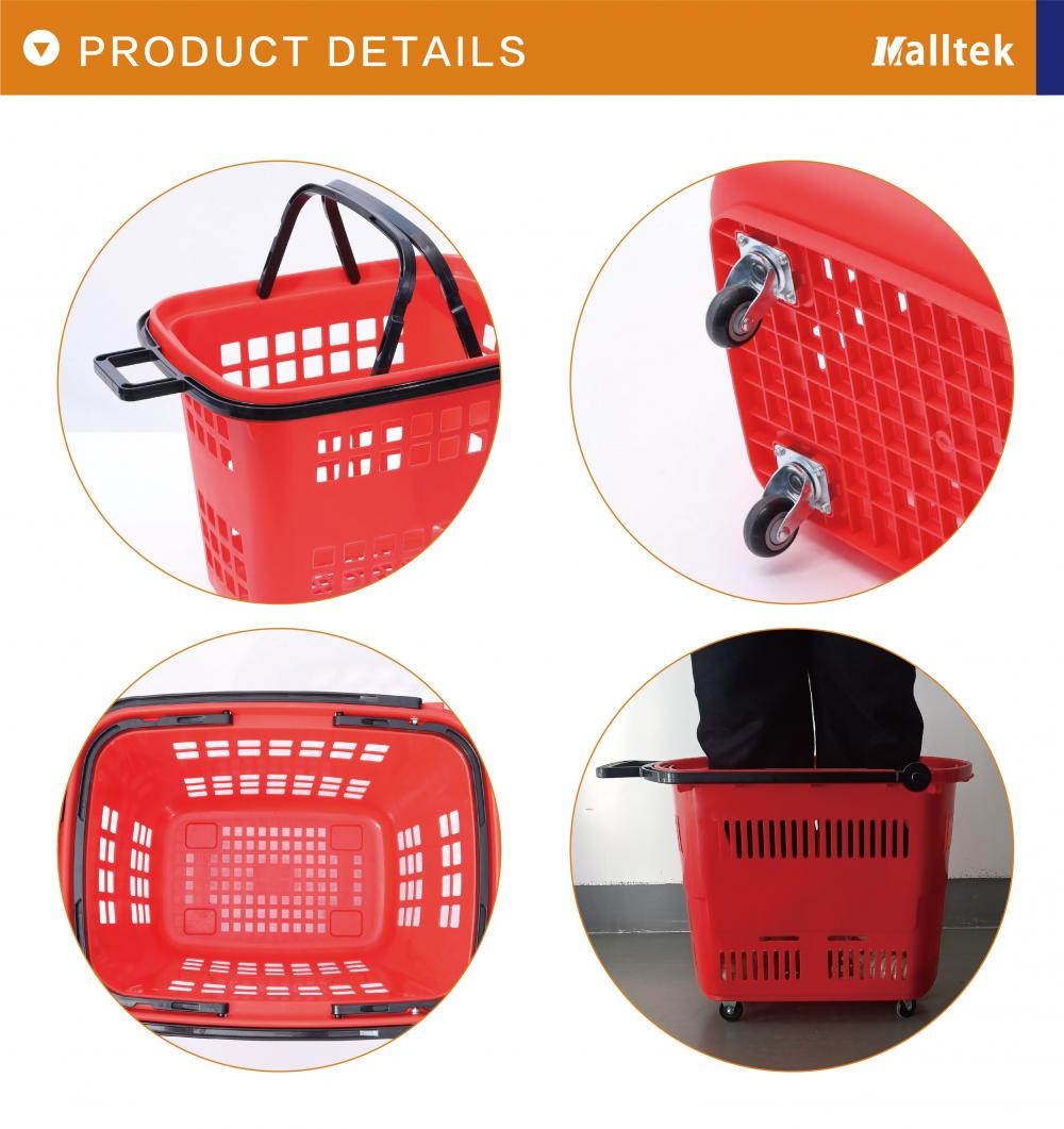 Supermarket Store Large Capacity 4wheels Plastic Roll Shopping Trolley Basket