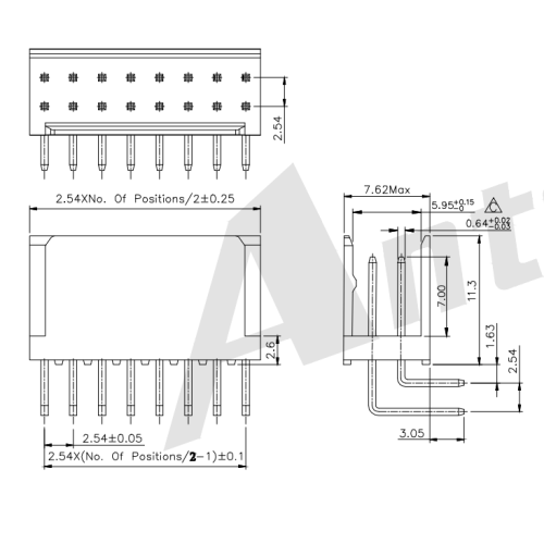 2.54 มม. พิทช์ 90 °เวเฟอร์ขั้วต่อแถวคู่ AW2547R-2XNP-X