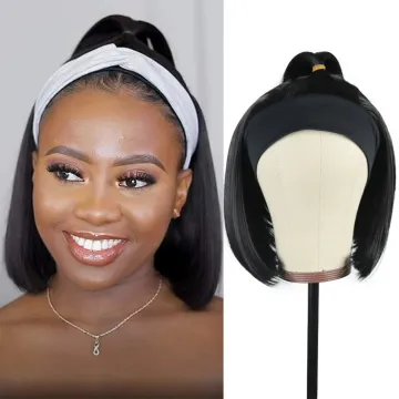 14inch Afro Short bob wig synthetic straight silky wave headband wigs with Scarf for black women