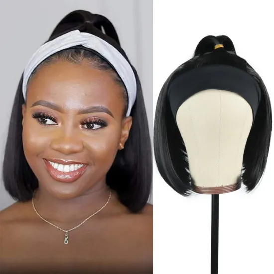 14inch Afro Short bob wig synthetic straight silky wave headband wigs with Scarf for black women