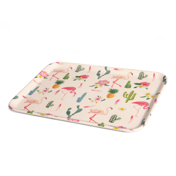 Ecofriendly Biodegradable Square Flamingo Bamboo Fiber Melamine Breakfast Food Fruit Tea Large Rolling Serving Tray Plateau