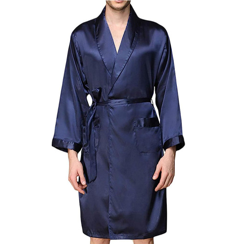 luxury shawl collar blue men satin silk robe