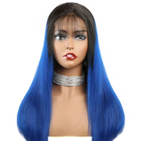 4*4 Indian Human Hair Lace Closure Straight Wig 14 to 26 Inches Pre Plucked Ombre 1b Blue Virgin Remy Hair HD Lace Frontal Wig
