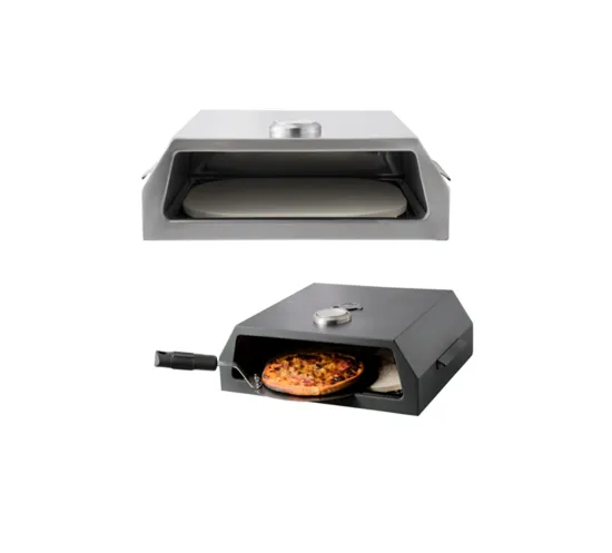 Custom pizza box suitable for indoor and outdoor use on charcoal and gas grills pizza oven