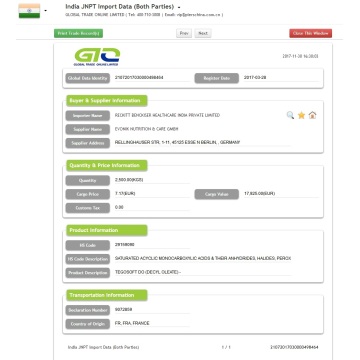 Dados de importação da Decyl Oleate India