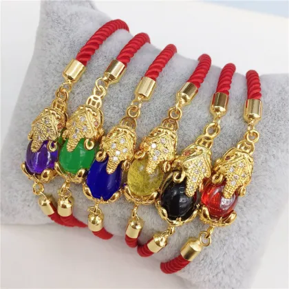 Vintage Style 18k Gold Plated Pixiu Bracelet with Real Gemstones: Red String, Purple, Green Jade, and Lucky Money Symbol for Feng Shui
