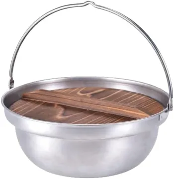 Stainless Steel Hanging Camping Pot Soup & Stock Pot with Wood Lid and Handle