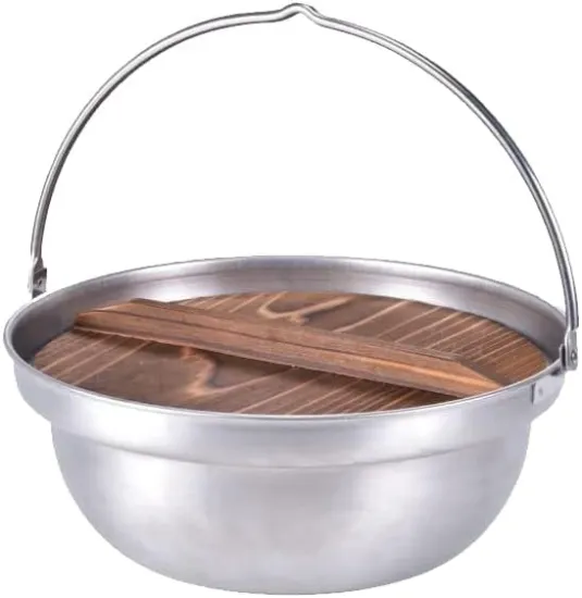 Stainless Steel Hanging Camping Pot Soup & Stock Pot with Wood Lid and Handle