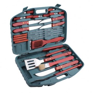 22pc houten handgreep BBQ -gereedschapset met plastic opslagcase