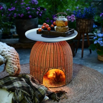 Solar Rattan Floor Lamp with Cat Bed: Outdoor Terrace Landscape Decoration Storage Table Lamp