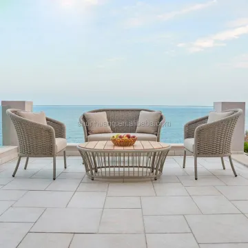 Simple Design Patio 4 PC Sofa Set - Aluminum Frame Rope Woven Sofa with Wood Table Top, Garden Waterproof Lounge Set
