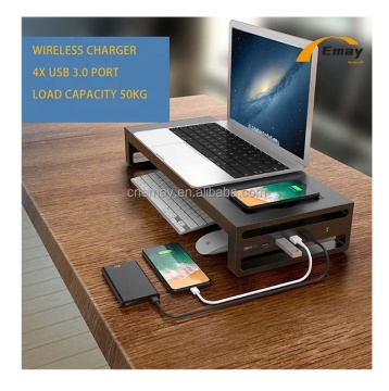 Luxury Metal Monitor Stand with 4 USB Ports and Wireless Charging for PC and Laptop