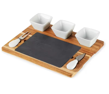 Large Wood Cheese Platter Tray Charcuterie Board Set with Ceramic Bowls