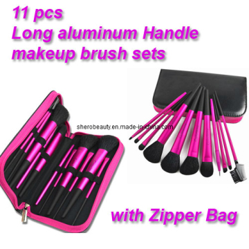 11PCS Long Aluminum Handle Makeup Brush Sets with Zipper Bag