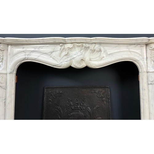 Custom White Marble Fireplace Mantel with Rococo Design