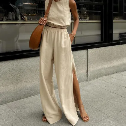 Summer Casual Cotton Linen Green Pants and Sleeveless Top Sets for Women 2024