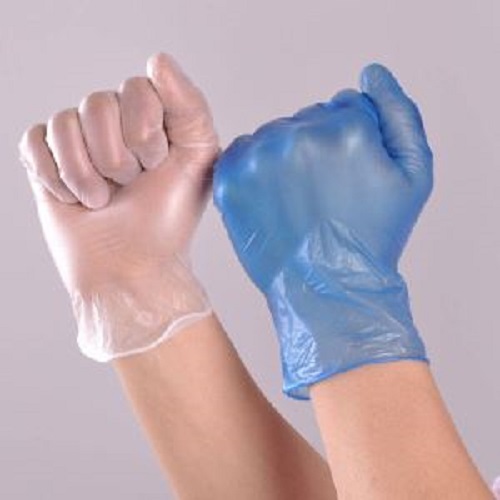Colored disposable stretchy vinyl gloves