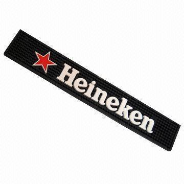 Soft PVC rubber bar mat with Heineken printing, measures 60 x 10 x 1cm, customized designs accepted