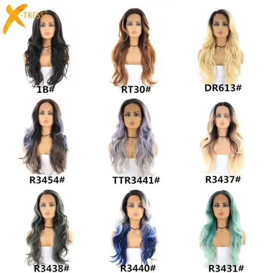 X-TRESS Long Straight Wigs Heat Resistant Synthetic Lace Front Wig Ombre Free Parting Hair For Black Women