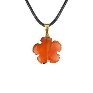 Carnelian 20MM Flower Wrapped Golden Stone Pendant Necklace 45cm Black Cord