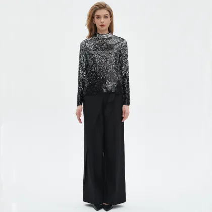Sequined stand up collar long sleeved top