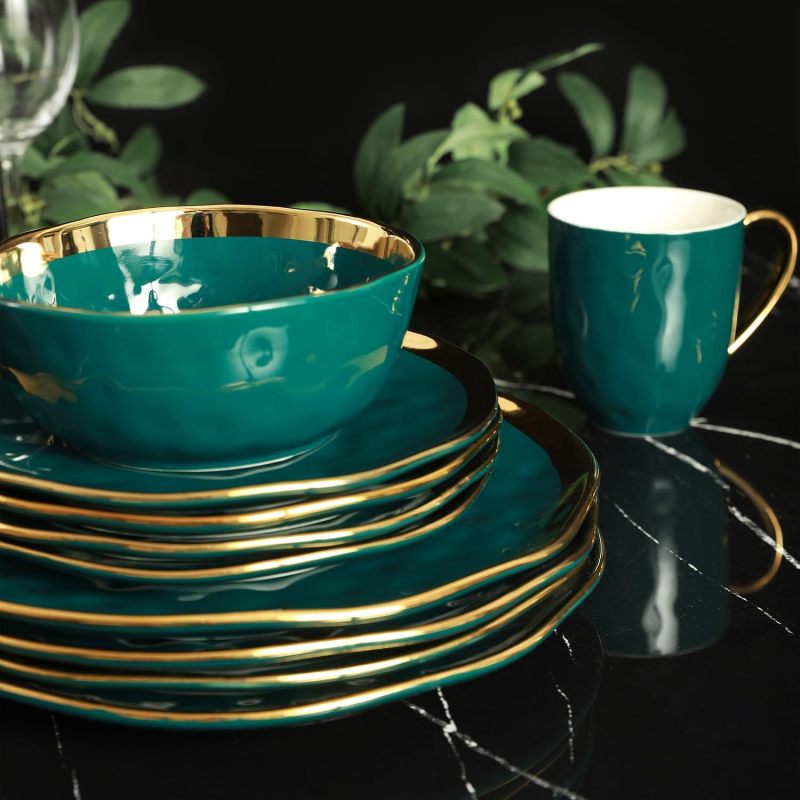 Stone Lain Florian Modern Porcelain 16 Piece Dinnerware Set, Plates and Bowls Set, Dish set for 4, Green and Golden Rim