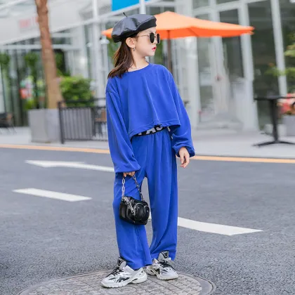 High quality girls 100% cotton sweat suit solid color hip hop 2-piece set girls sweat suit