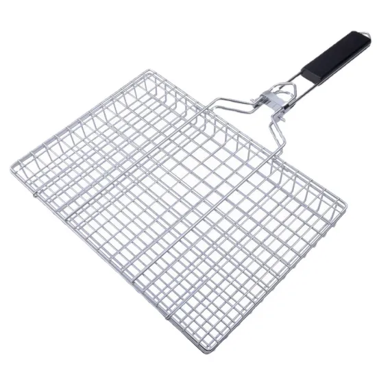 Stainless Steel Portable BBQ Mesh Kabob Grill Basket with Removable Handle for Fish Grilling