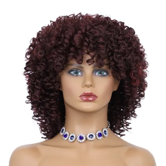 Glueless Short Manufacturers Wholesale With Bang Hot Selling Wine Red Bob Cut Heat Resistant Kinky Synthetic Wigs Curly