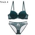 New Fashion Thin Cotton Underwear Set Women Embroidery Brassiere Sexy Bra Panties Set Plus Size D E Cup Lace Lingerie Set Green