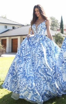 V Neck Flower Printed Mikado Prom Dresses