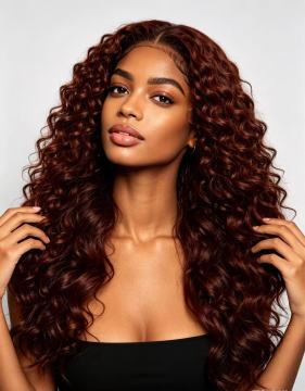 18 Inch 13x4 HD Lace Frontal Jerry Curly 190% Density 27 Dark Auburn Human Hair Wig