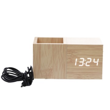 Wooden Digital LED Alarm Clock with Desk Organizer