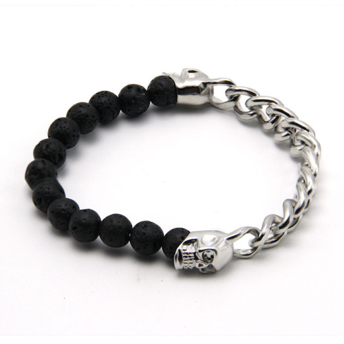 Black Vocalnic Lava Stone Bead Chain Steel Franco Chain Bangle Bracelet Vintage Skull Charm, Mens