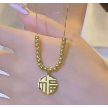 Chinese Fu Round Gold-Plated Titanium Beaded Necklace