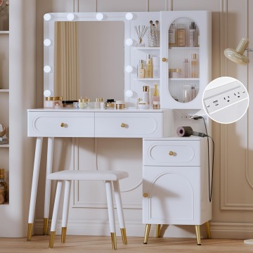 French White Dressing Table with Lighted Mirror - Modern High Capacity Classic Bedroom Furniture
