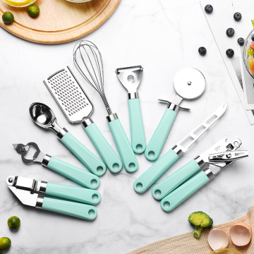 Logo yang disesuaikan rumah dapur dapur 9pc alat dapur keluli tahan karat yang ditetapkan dengan pemegang plastik hijau