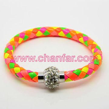 Multicolor Real Leather Bracelet,crystal paved Balls Magnetic Clasp Bracelet