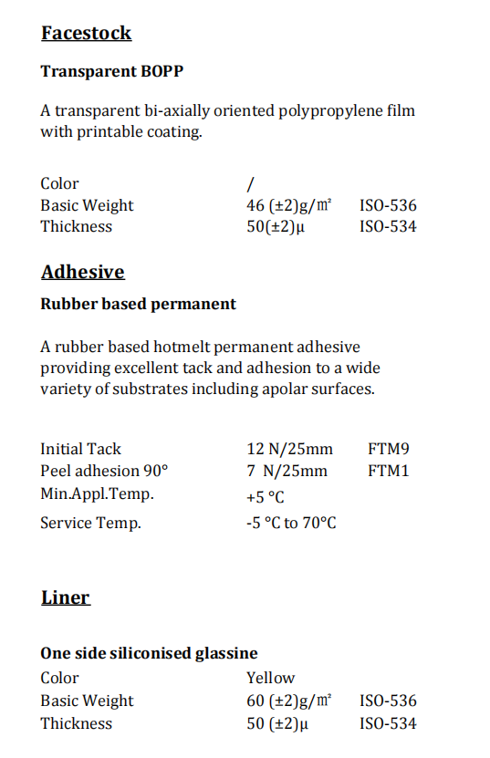 Ha18ql0127 Transparent Bopp Rubber Based Permanent Yellow Glassine