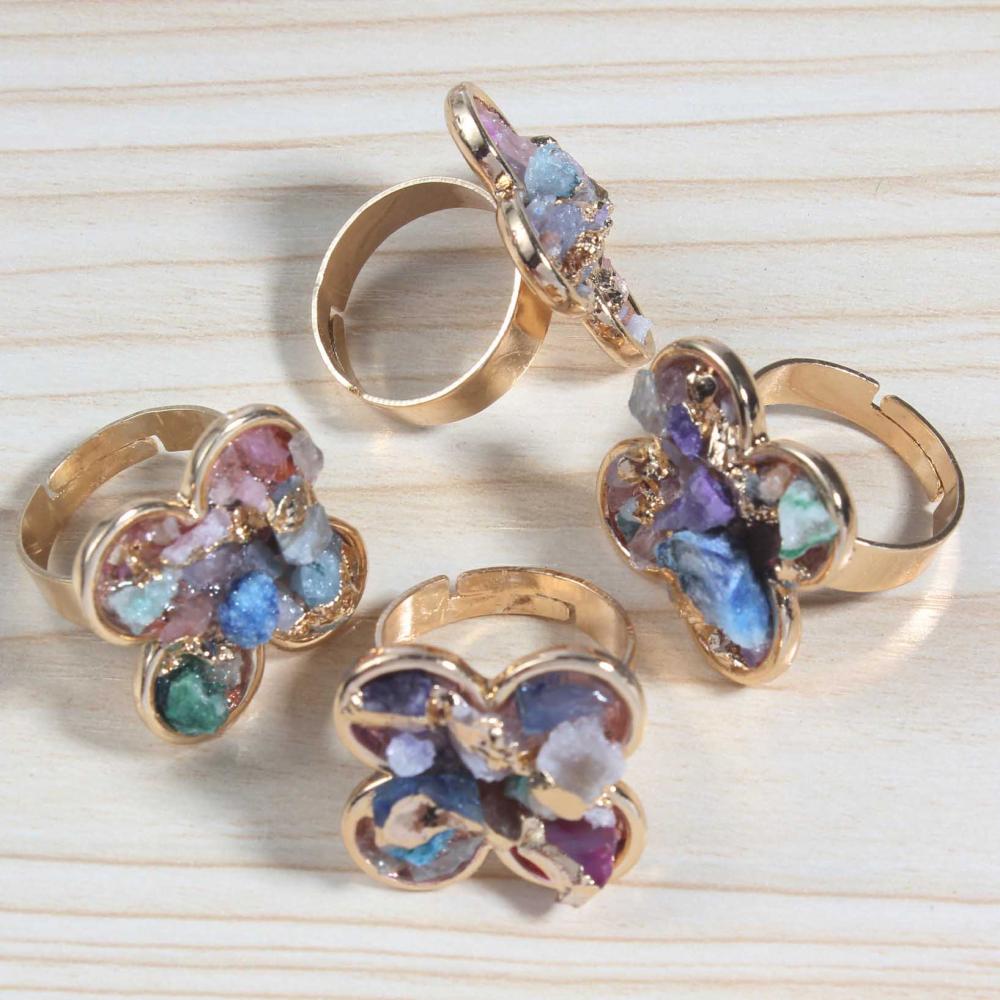 Anneaux en cristal Drusy avec fleurs naturelles, couleur or