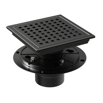 6 Inch Square Shower Floor Drain with Flange Quadrato Pattern Grate - Removable, Food-grade SUS 304 Stainless Steel, Matte Black