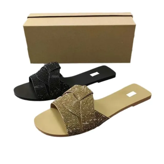 Designer Gold Rhinestone Slides: Stylish Large Size 42 Women's Footwear for Summer Outdoor & Beach Casual Wear
